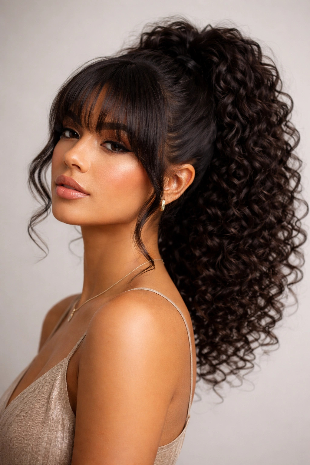 Close-up of a high curly ponytail with thick curtain bangs on a neutral backdrop
