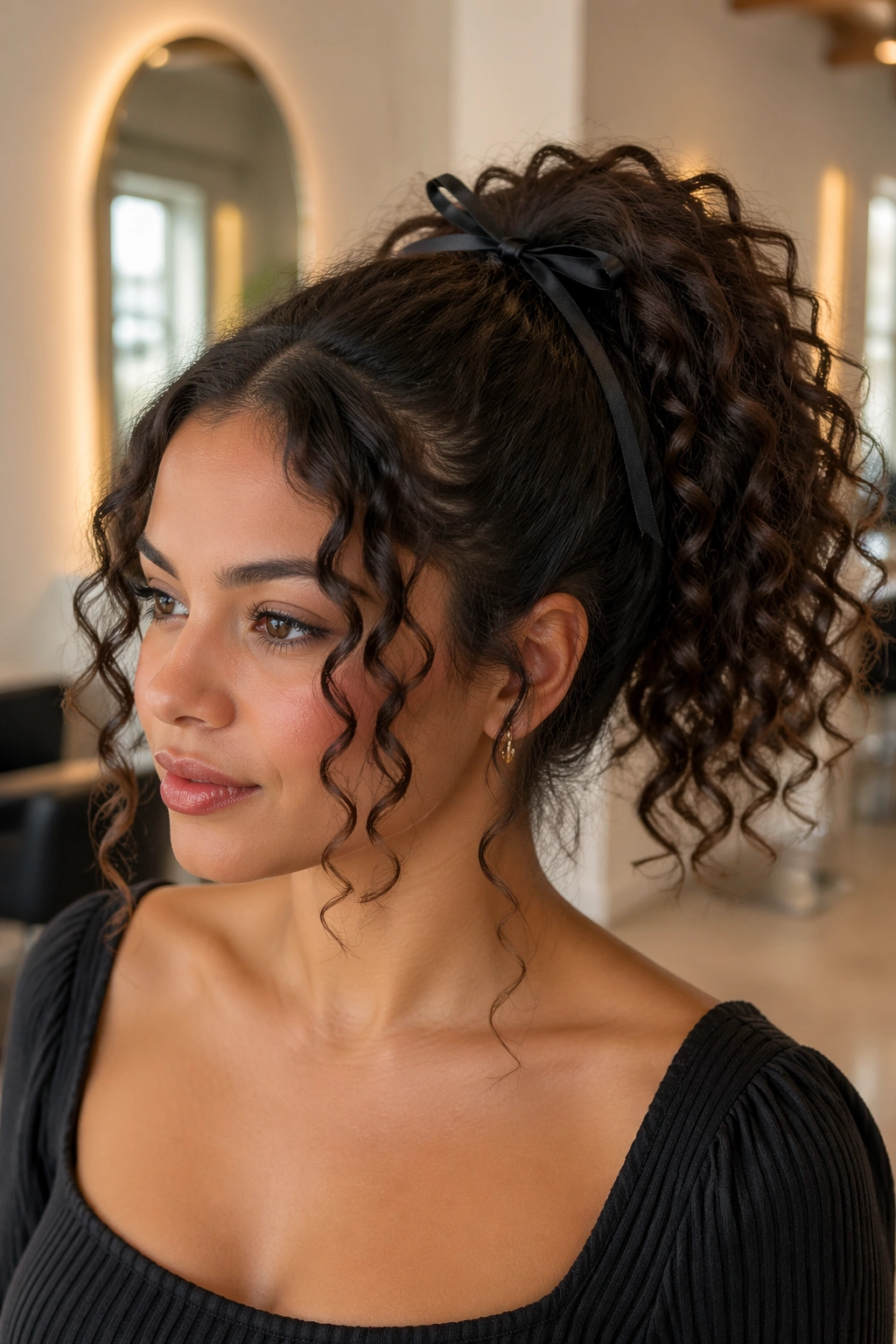 Close-up of a real woman with a high curly ponytail, face-framing curls, and a narrow bow