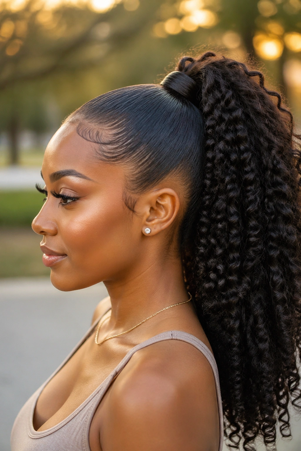 Side-profile of a real Black woman with high curly ponytail and wrapped base in a park at golden hour