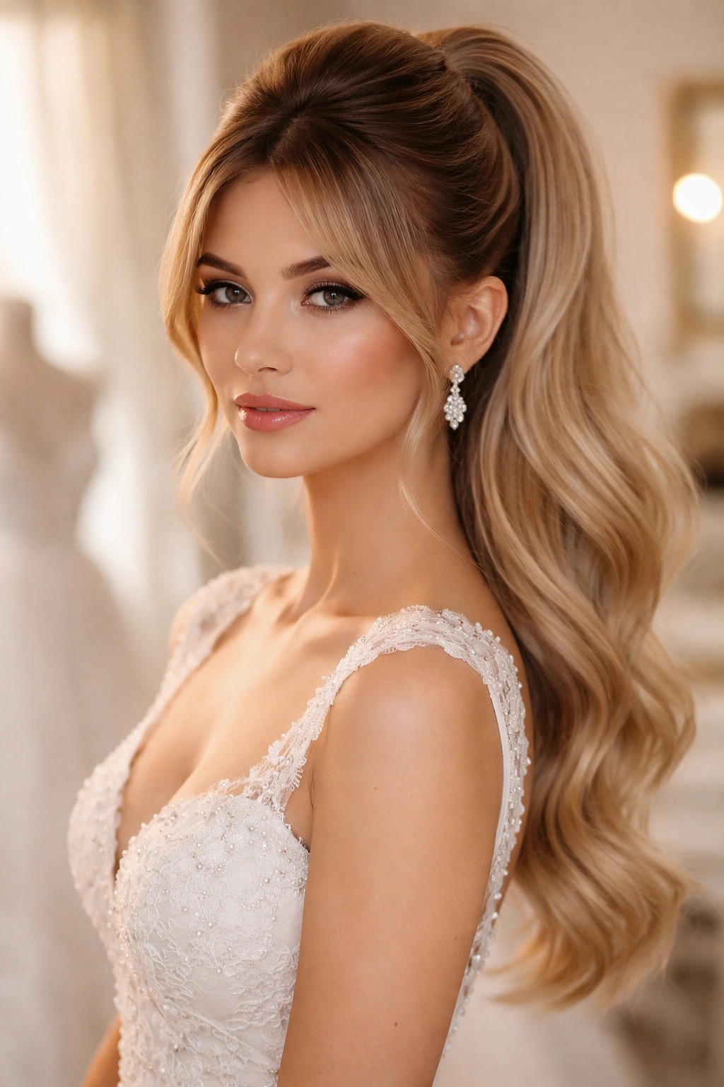 Close-up of a real bride showing a high ponytail with curtain bangs