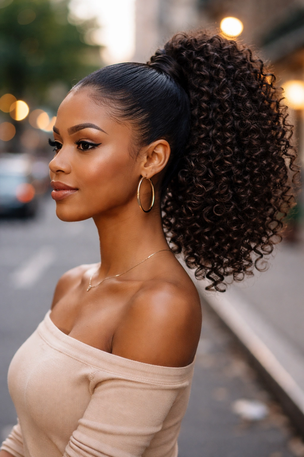 Close-up of a woman with a high ponytail and defined curly ends