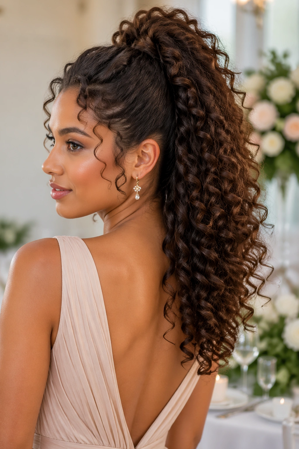 Close-up of real woman with high ponytail and dramatic curl cascade