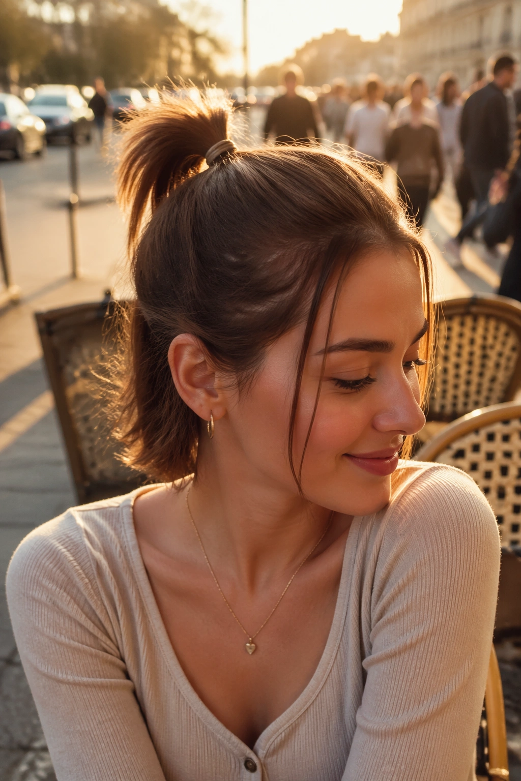 Wide shot of tiny high ponytail with face-framing pieces outdoors