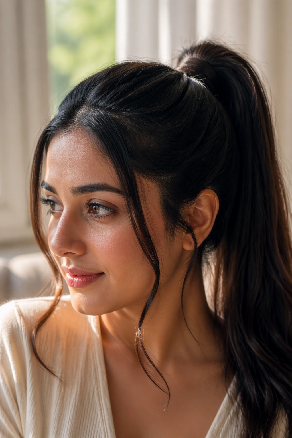 Close-up of a real woman with a high ponytail and soft face-framing strands at the temples in warm natural light.
