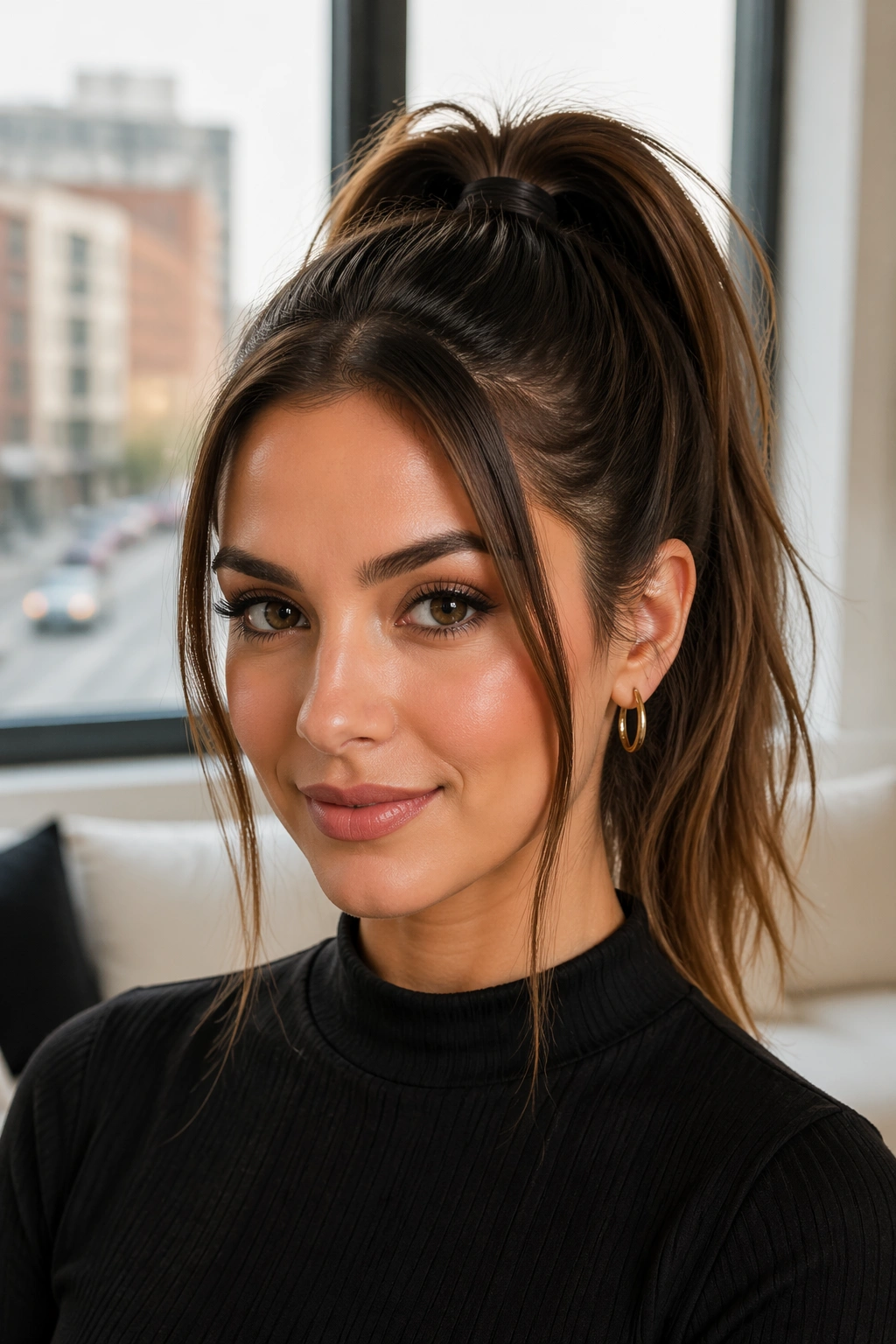 Close-up of real woman with high ponytail and face-framing pieces