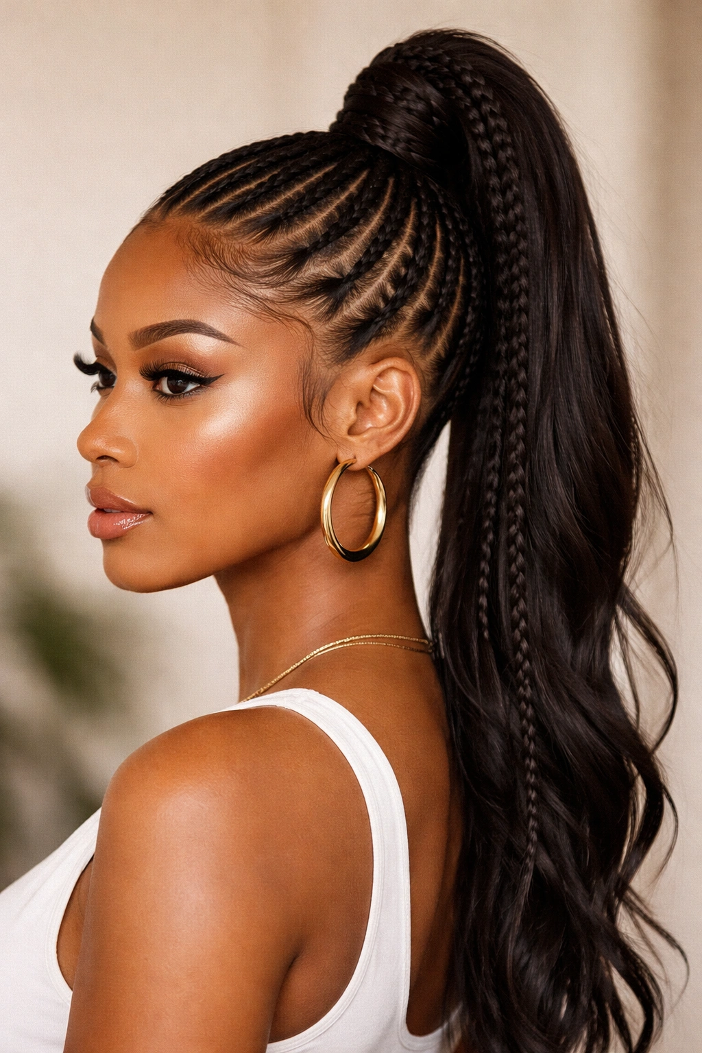 High crown feed-in ponytail with lifted, moving tail
