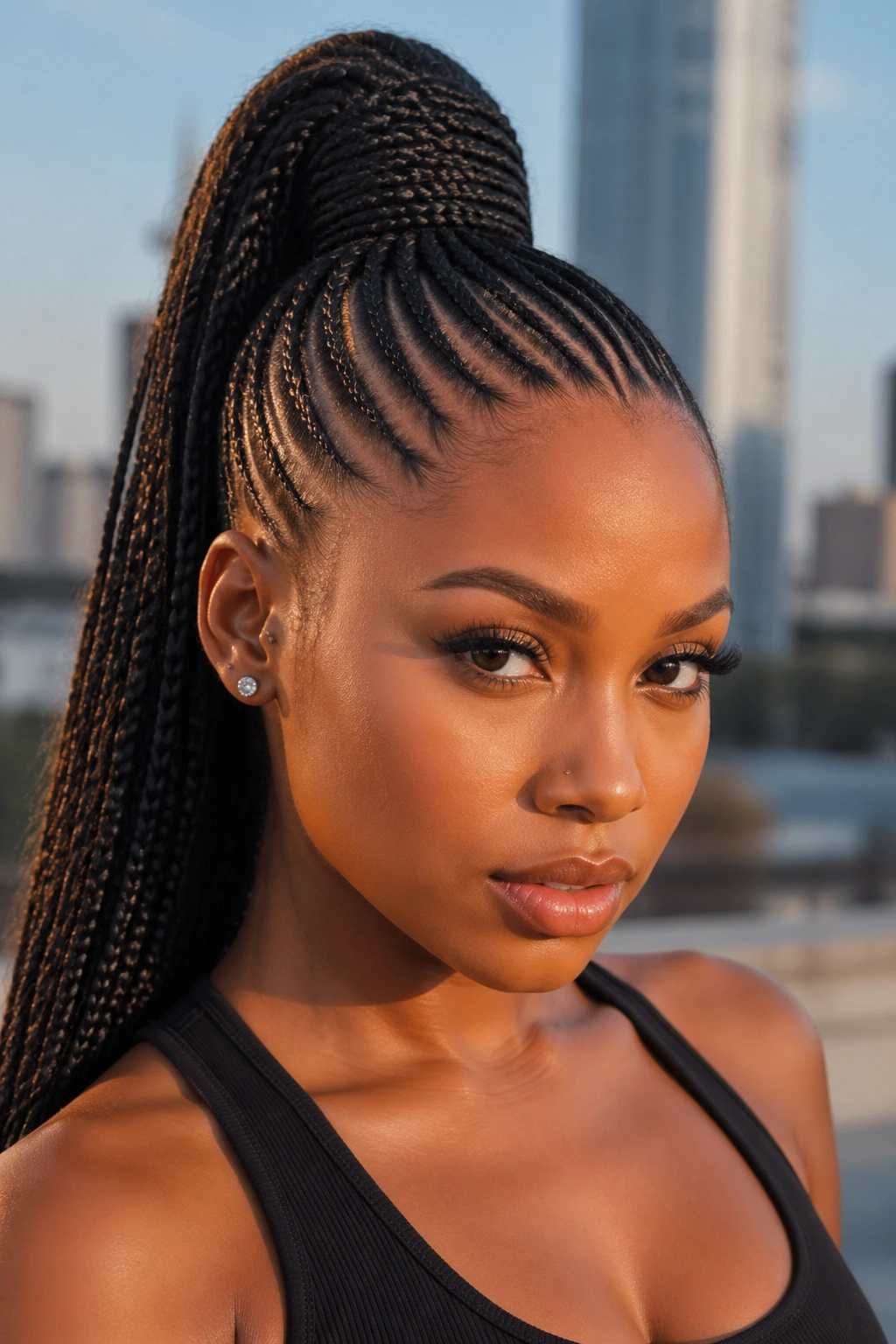 Real woman with high ponytail and feed-in rows.
