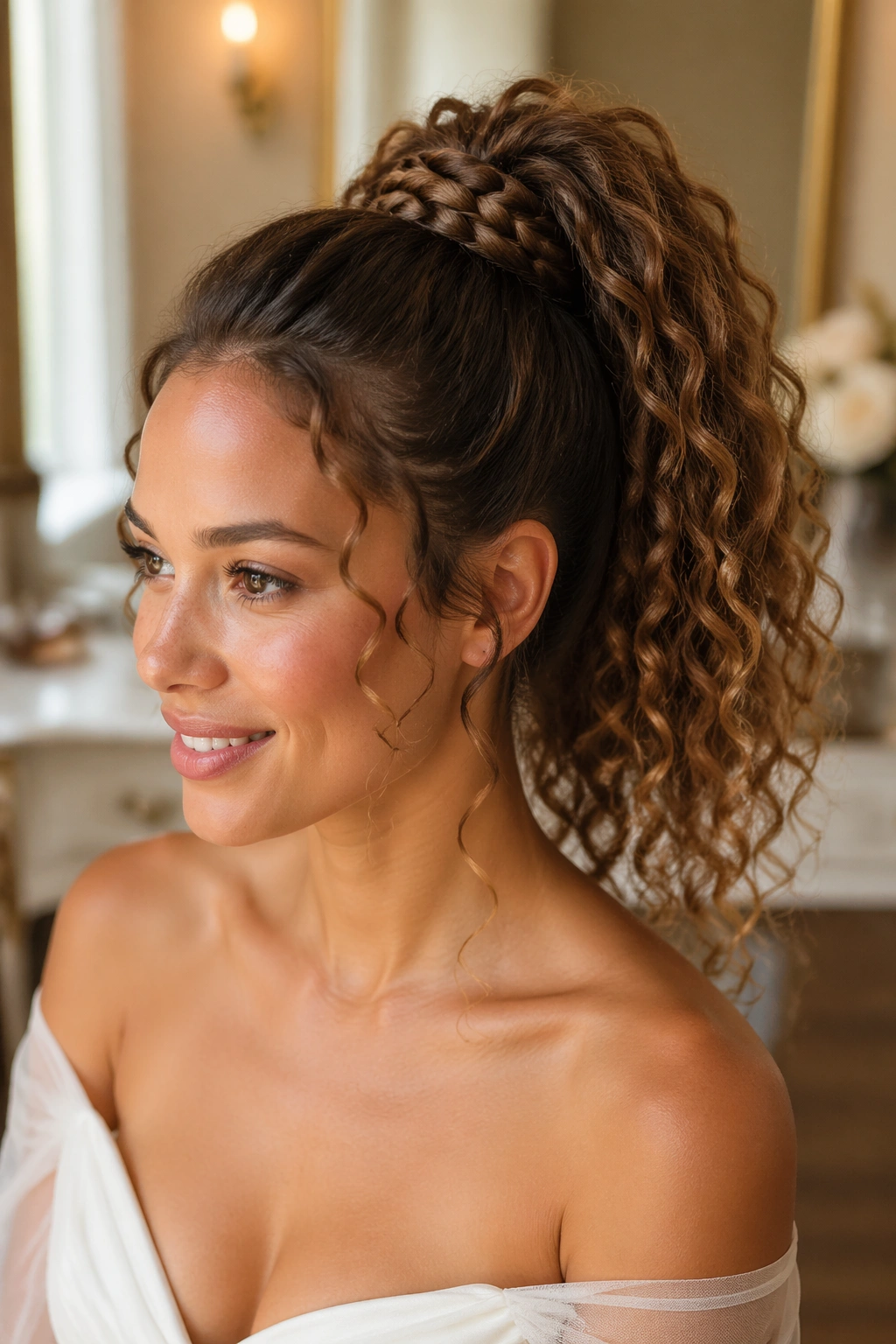Close-up of real bride showing high ponytail with fishtail wrap.