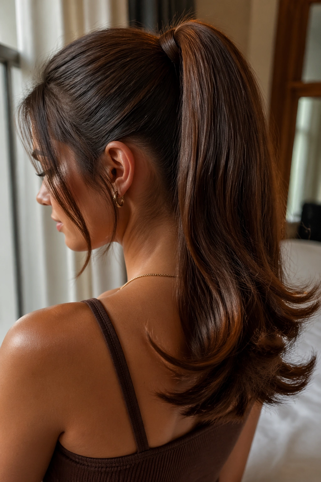 Close-up of a real woman with a high ponytail featuring flipped-out brown ends.