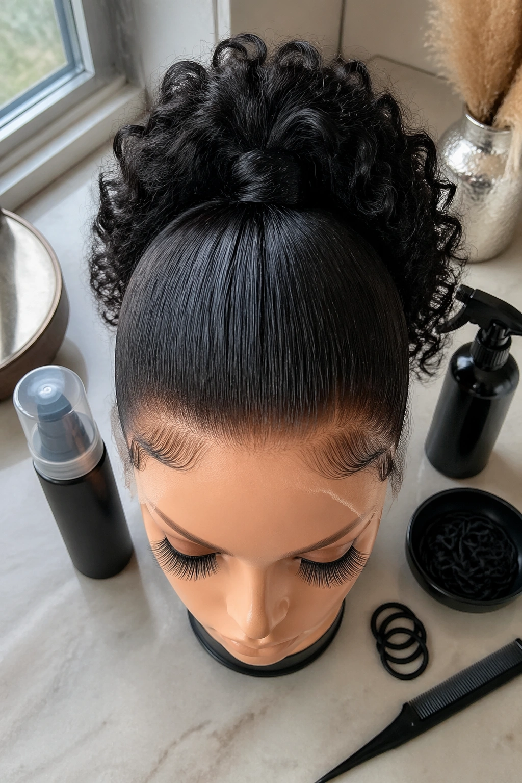 Overhead view of high curly ponytail on mannequin head