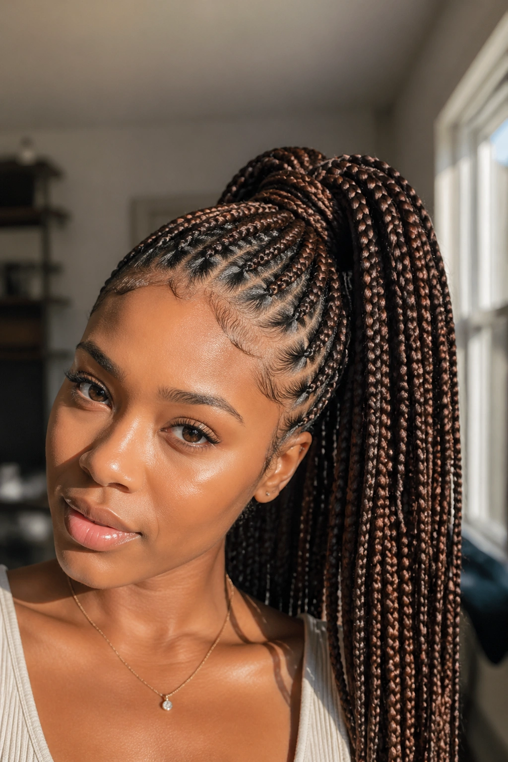 Close-up of a real woman with a high ponytail Fulani box braids