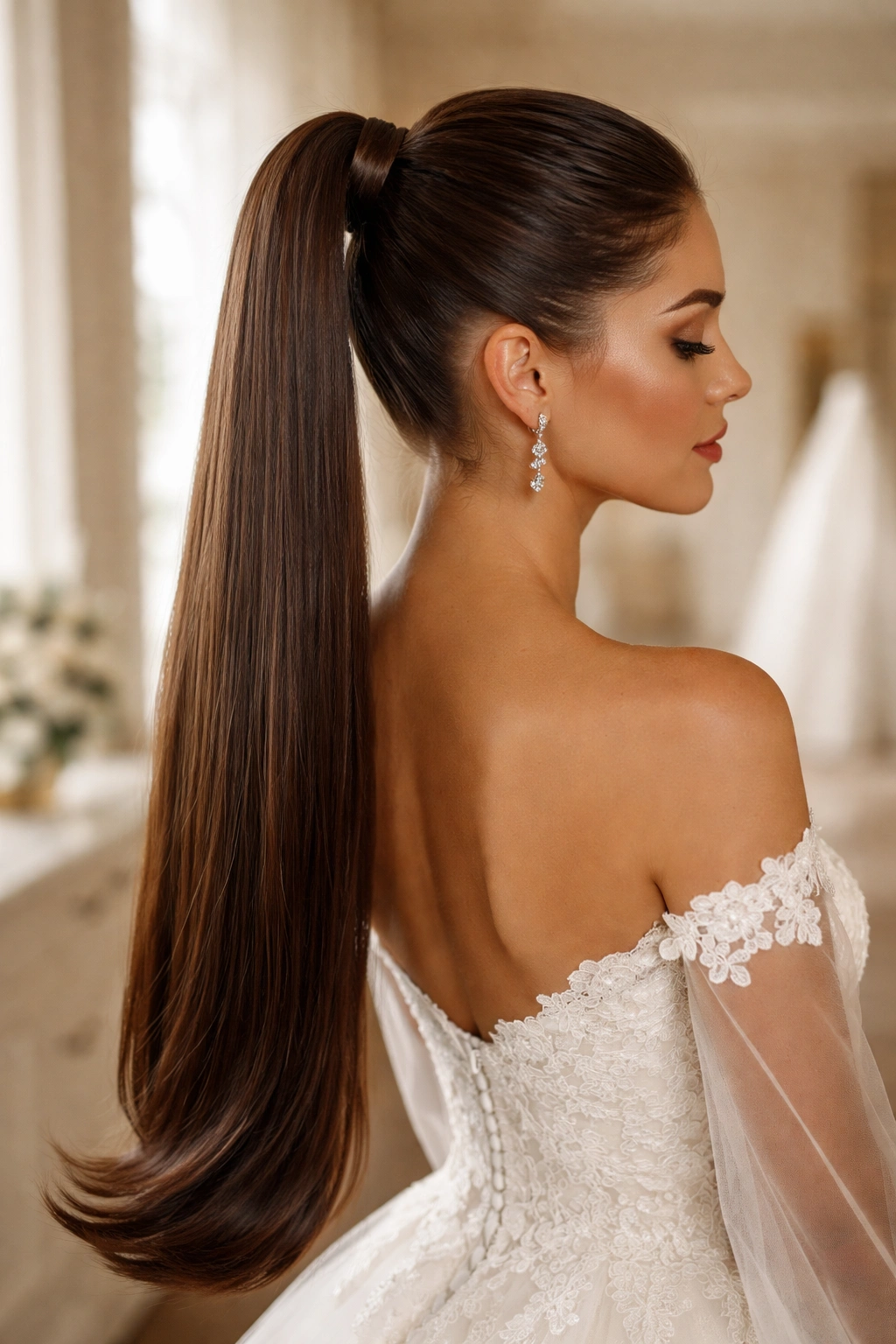Close-up of a real bride with an ultra-long glossy high ponytail.