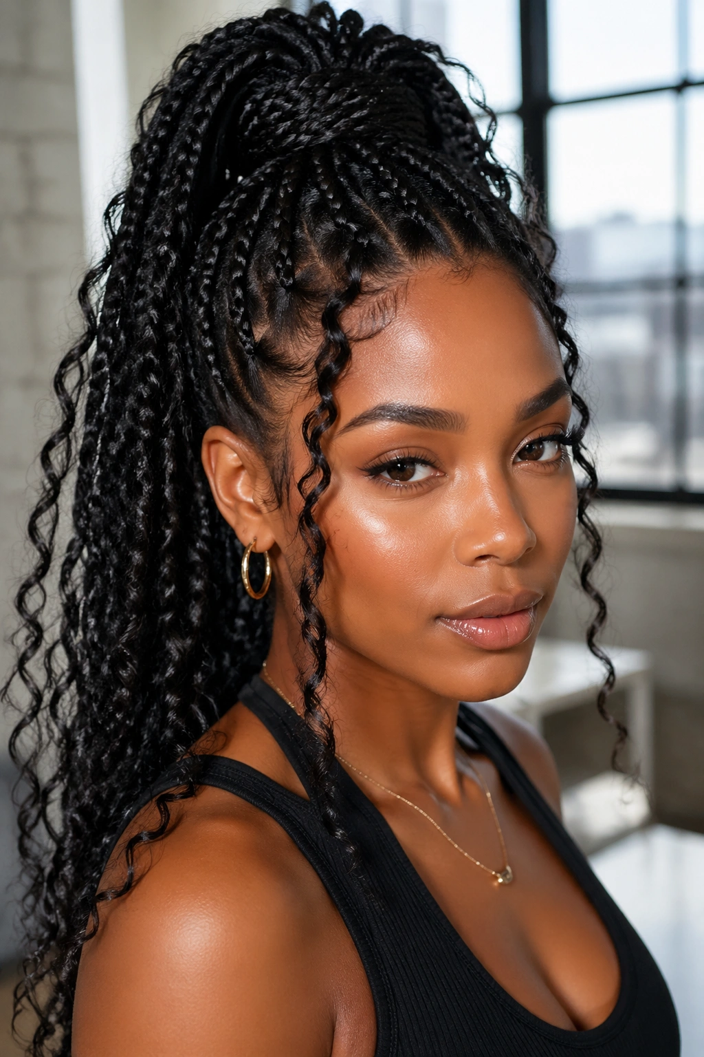High ponytail goddess box braids on a real woman with elevated crown