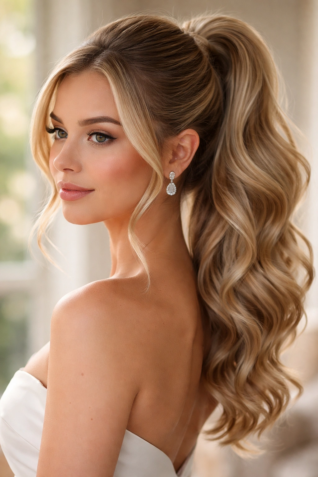 High ponytail with loose hollywood waves and crown lift