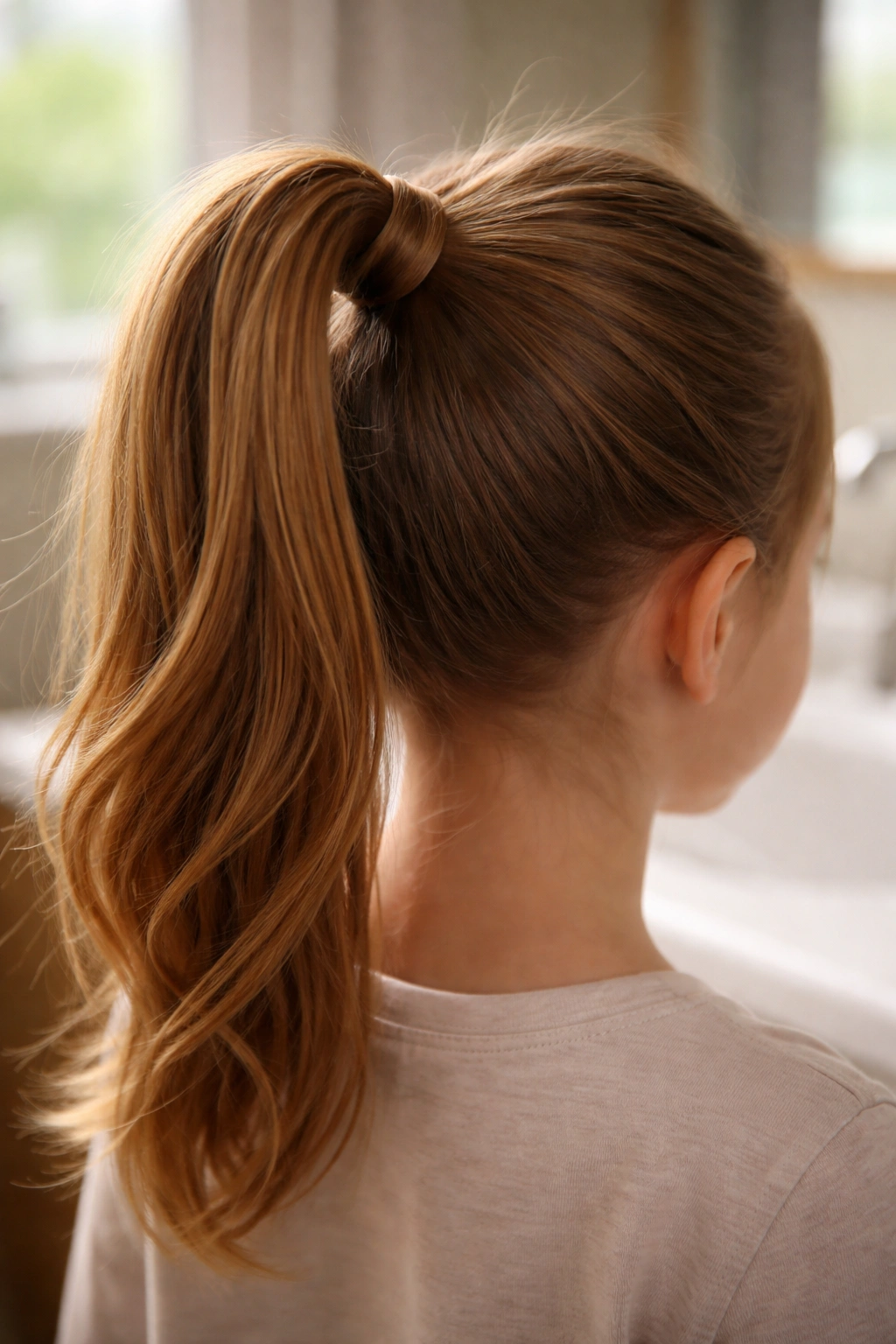 Close-up of a classic high ponytail with wrapped base on a child