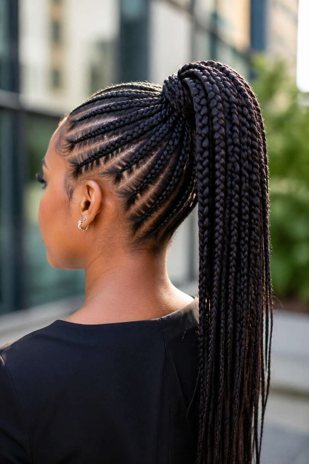 Real person with knotless cornrows pulled into a high ponytail.