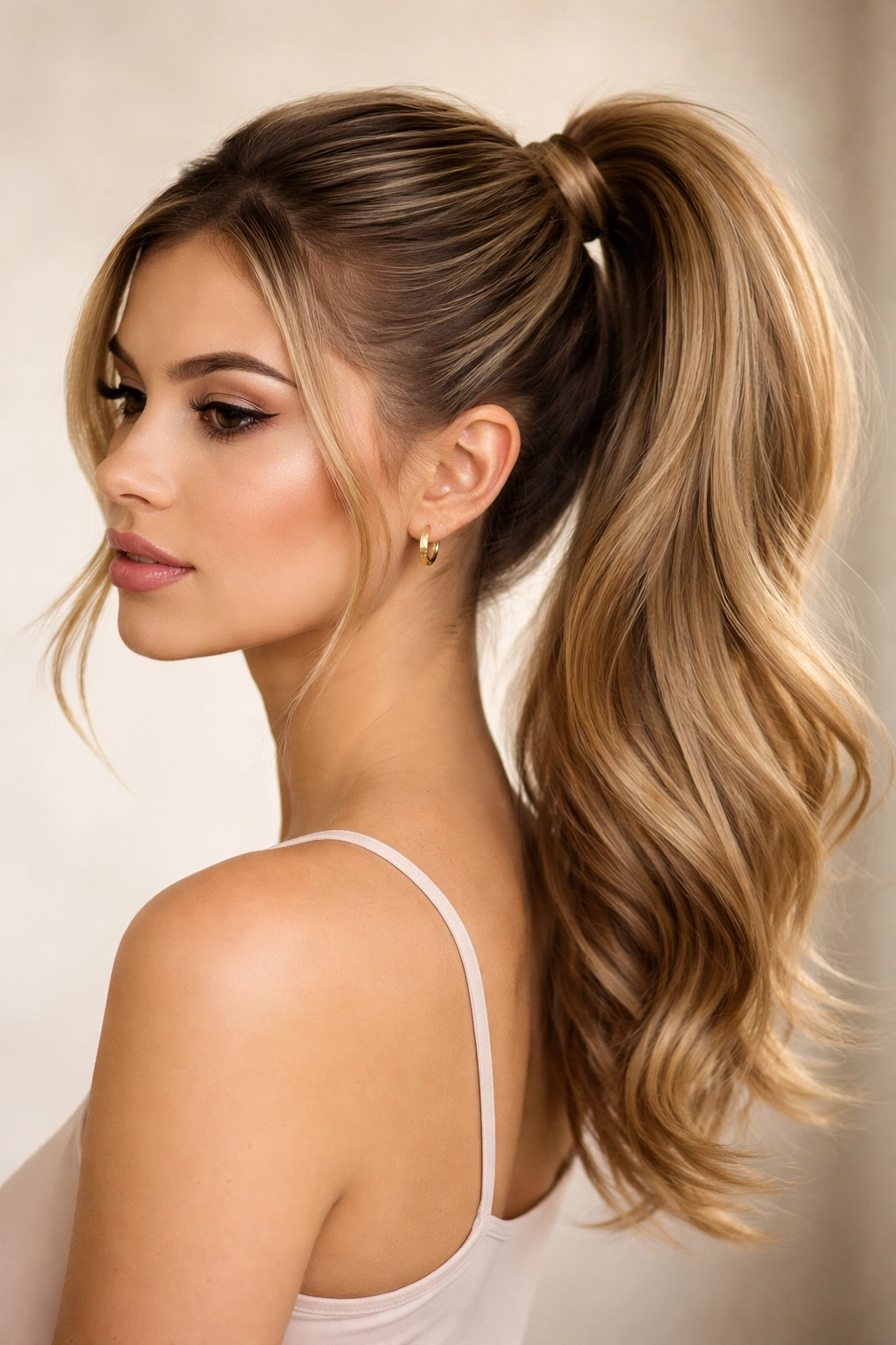 Close-up of a high side ponytail with lift, showing elevated crown and sleek base