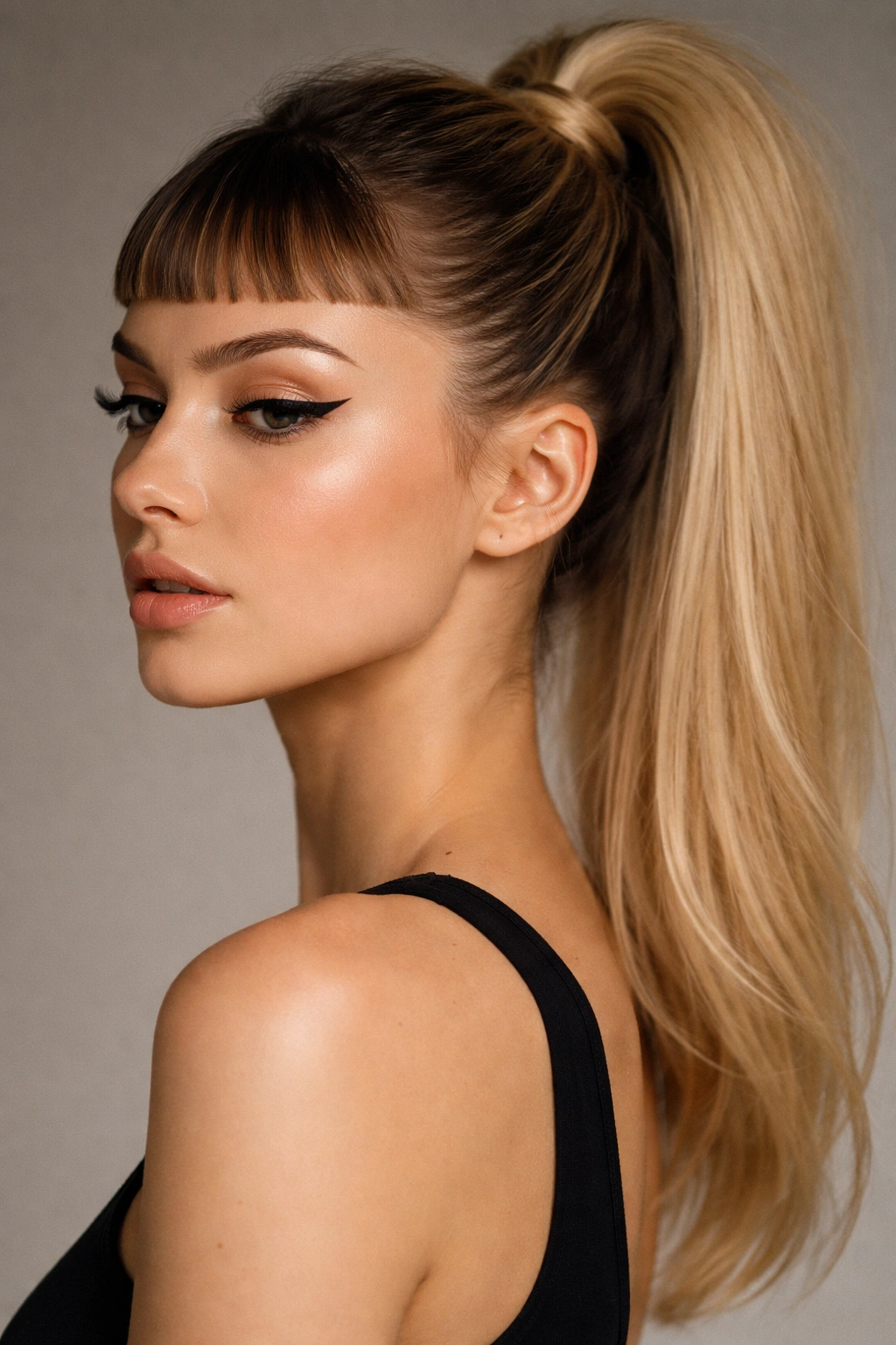 High ponytail with micro bangs and lifted crown
