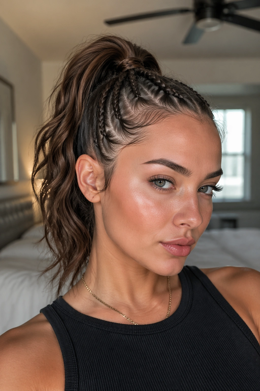Close-up of a real woman's head with high ponytail and tiny front braids