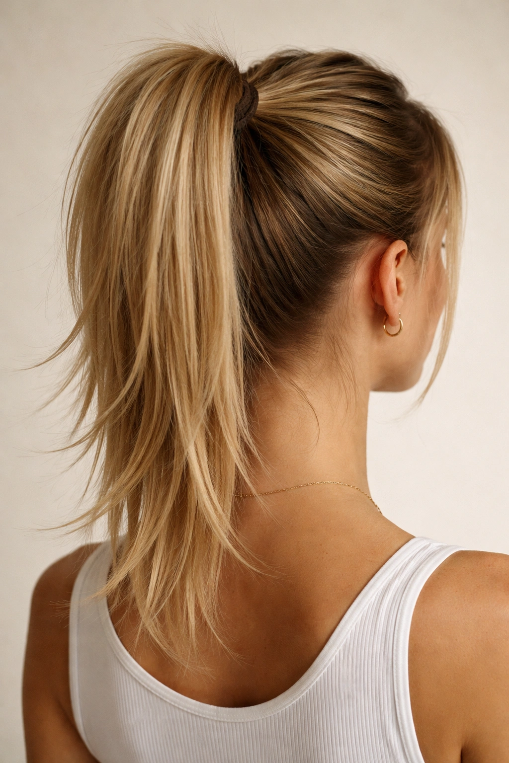 Back view of a high ponytail with slightly bent ends creating a broken line