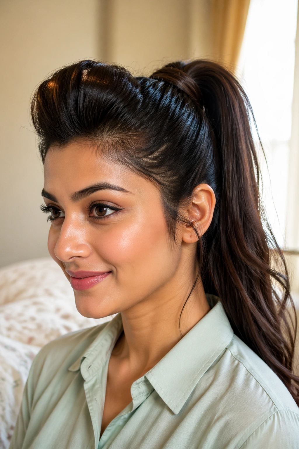 Close-up of a real woman with a small front puff and high ponytail in warm window light