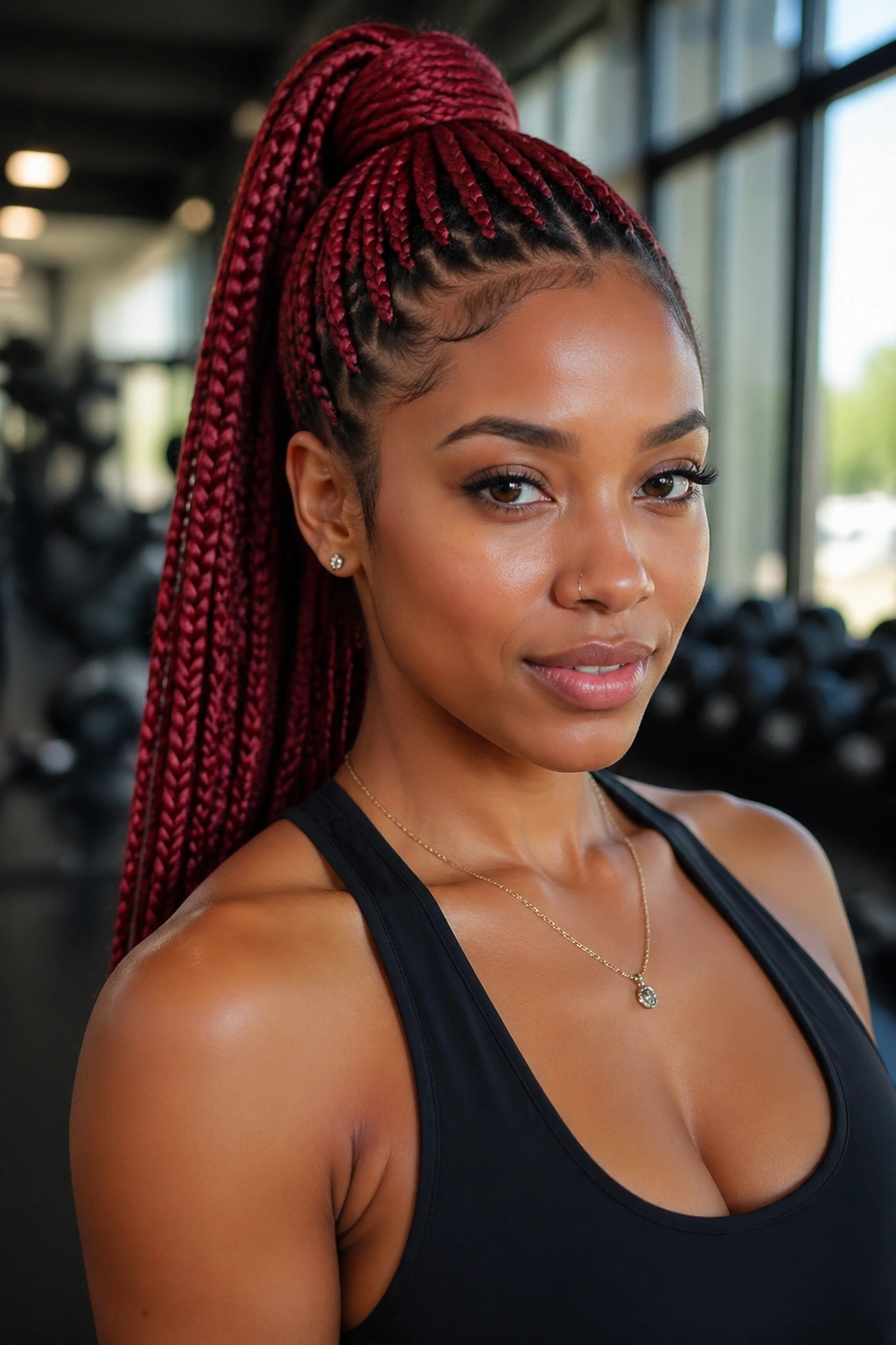 Portrait of a woman with a high ponytail of red knotless box braids in a bright gym-like setting.