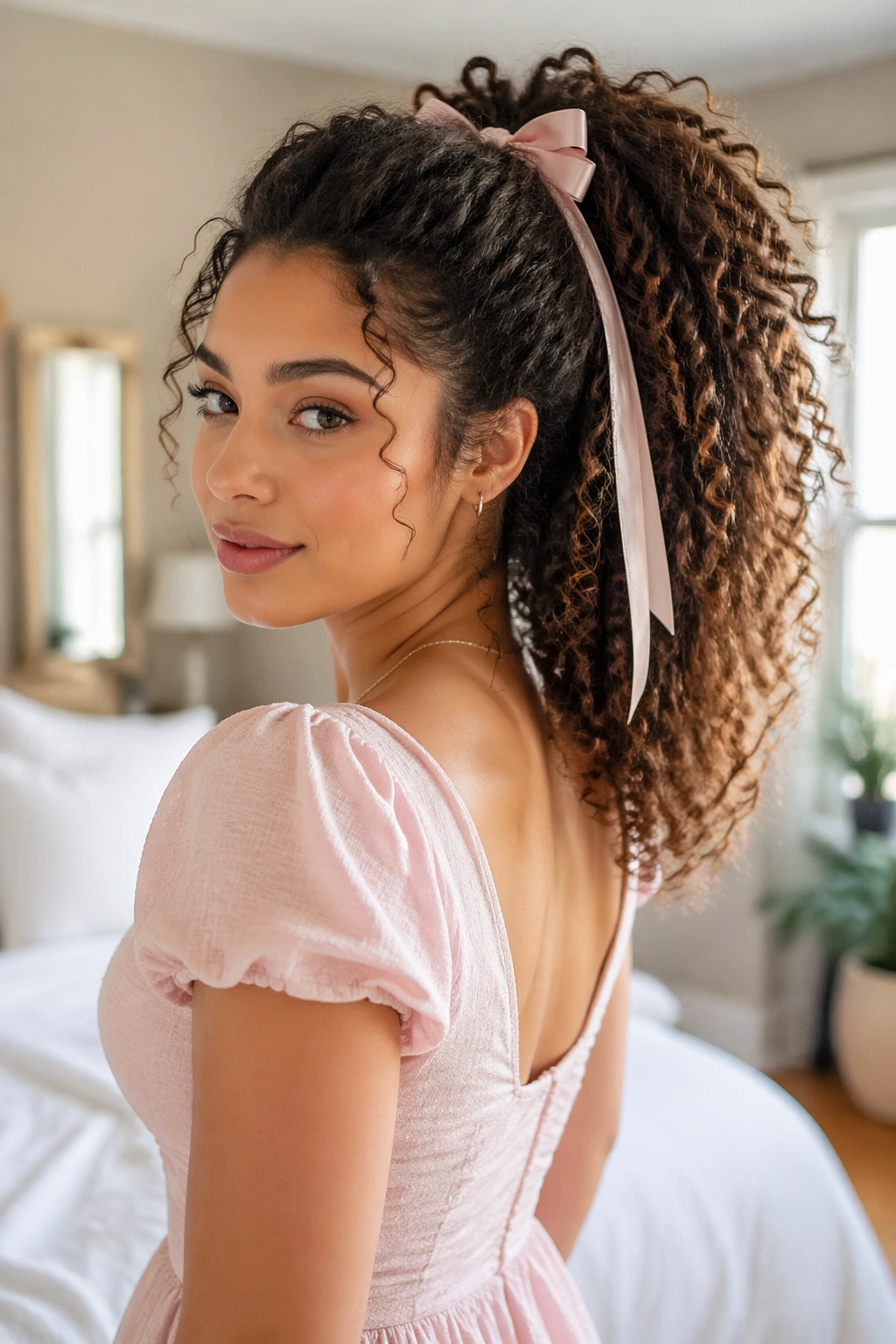 Real woman with a high curly ponytail accented by a ribbon.