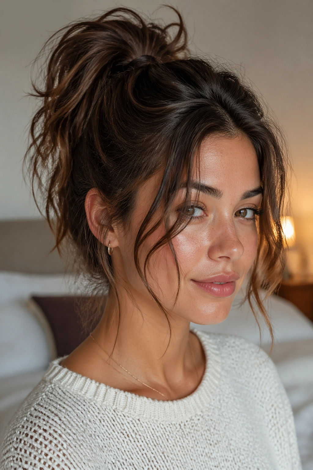 Close-up of a real woman with a messy high ponytail and face-framing pieces