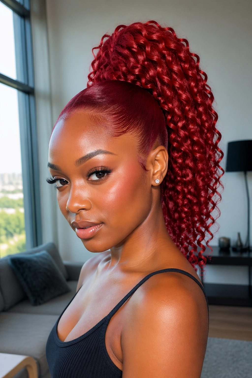 Real person with high curly ponytail and sleek sides on a red-wig lace-front wig.