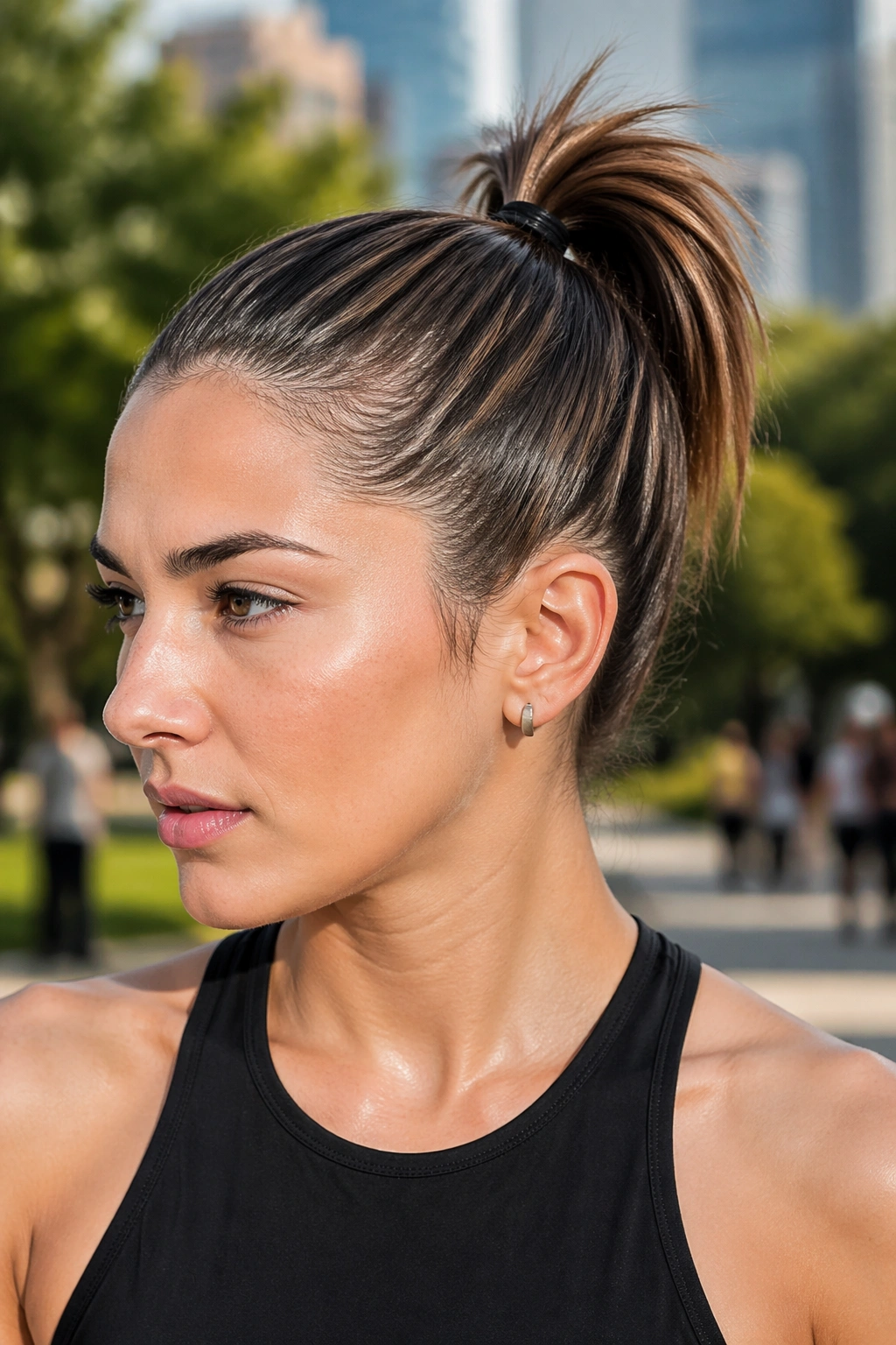 Real woman with sleek high ponytail creating a sharp profile