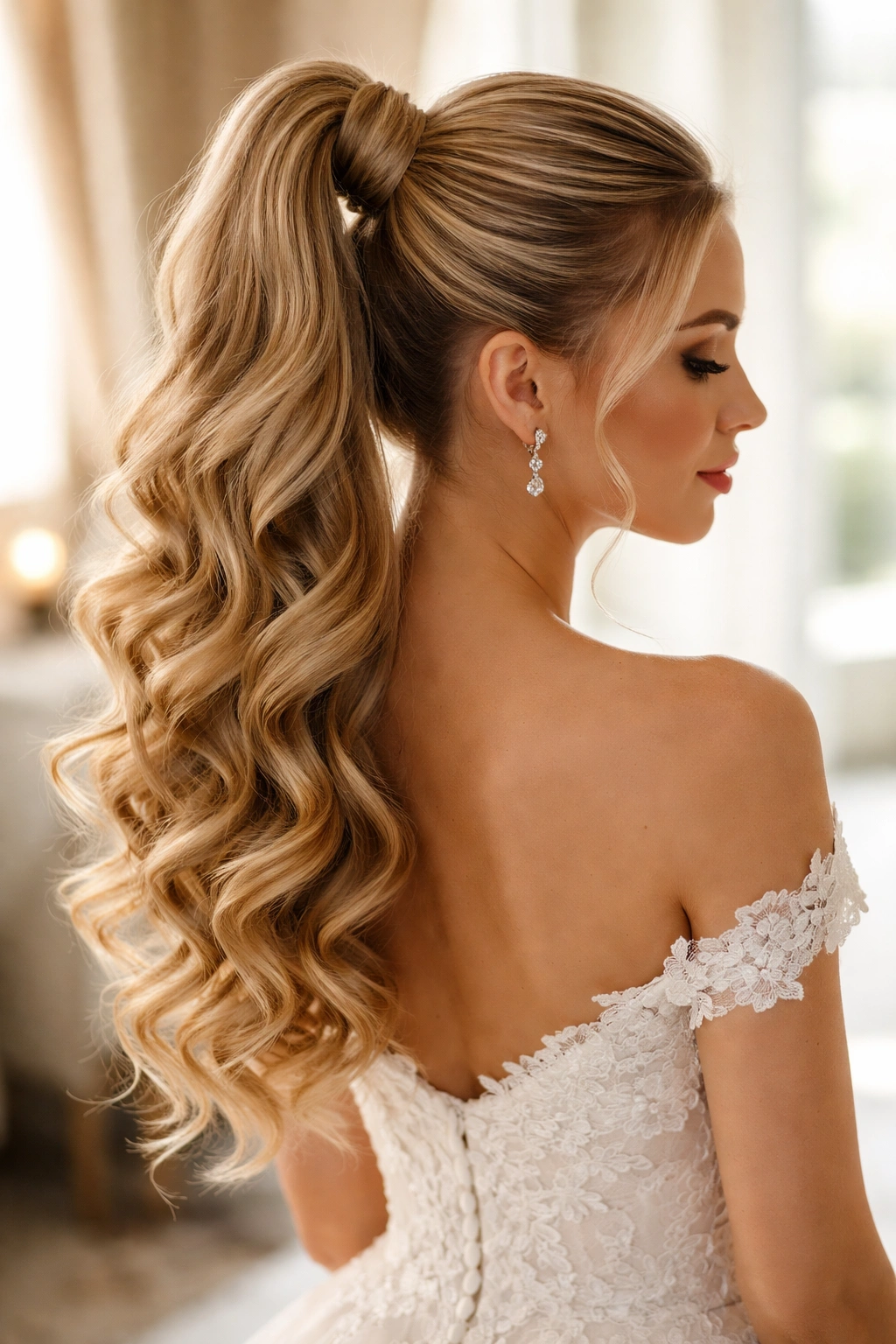 Close-up of a real bride with a high ponytail featuring polished spiral curls