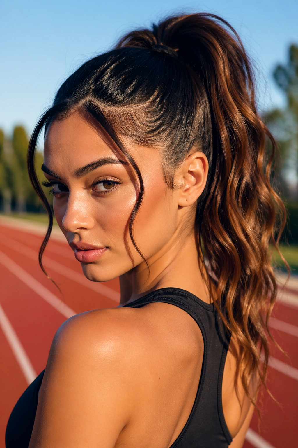 Close-up of a real woman with a high ponytail and face framing swoops