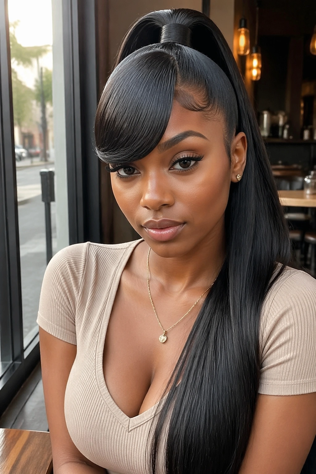 Portrait of a real woman with a high ponytail and swoop fringe