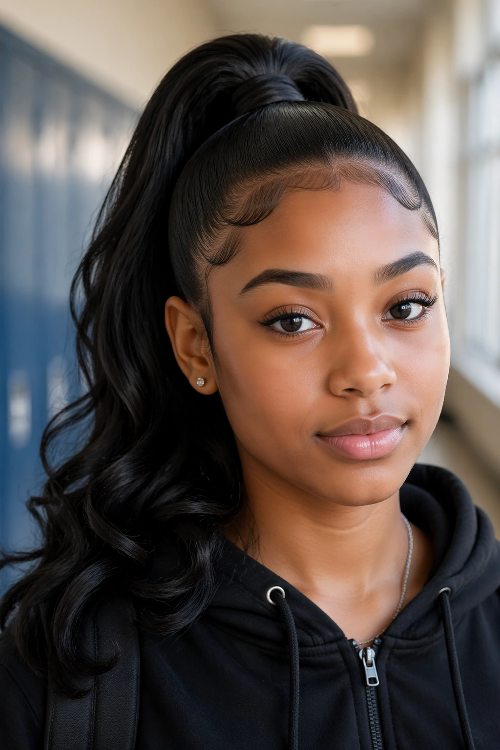 Close-up portrait of a student with a high ponytail featuring taut edges and lifted crown