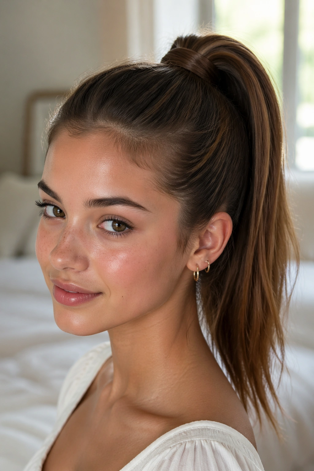 Close-up of teen with classic high ponytail at crown in natural light