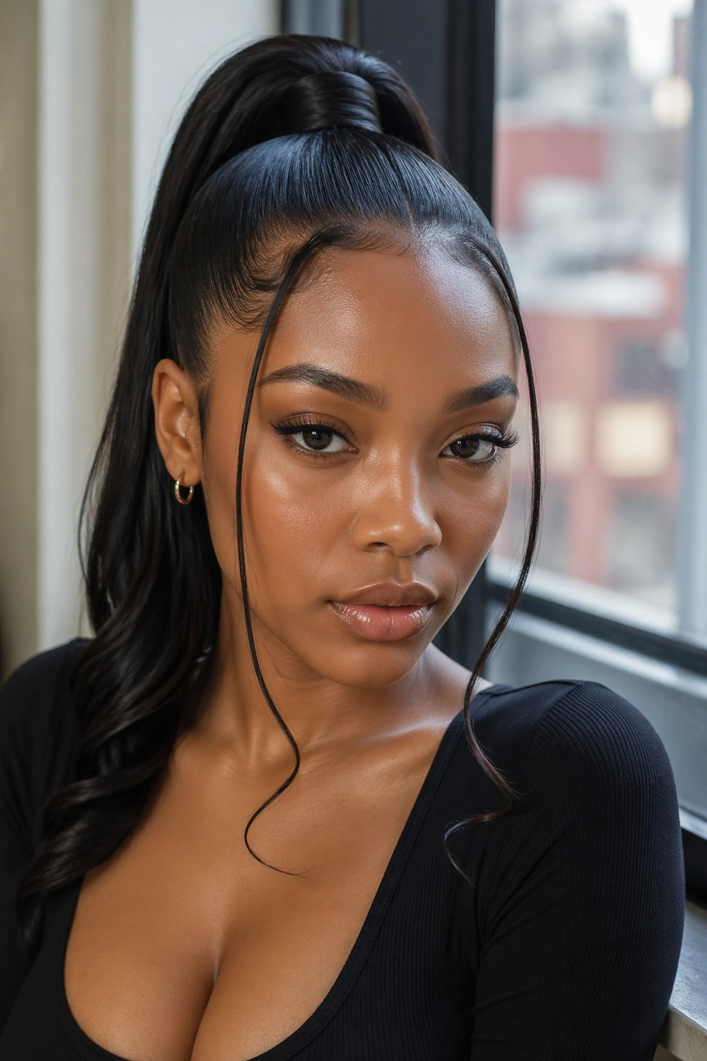 Real woman with a high ponytail and face-framing tendrils around the cheeks