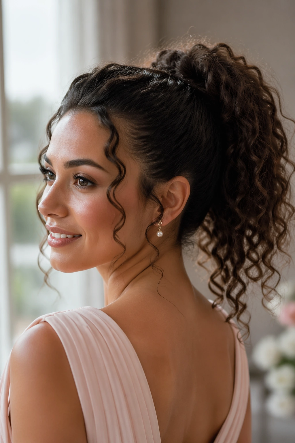 Close-up of a real woman with a high bridesmaid ponytail and face-framing tendrils in curly hair