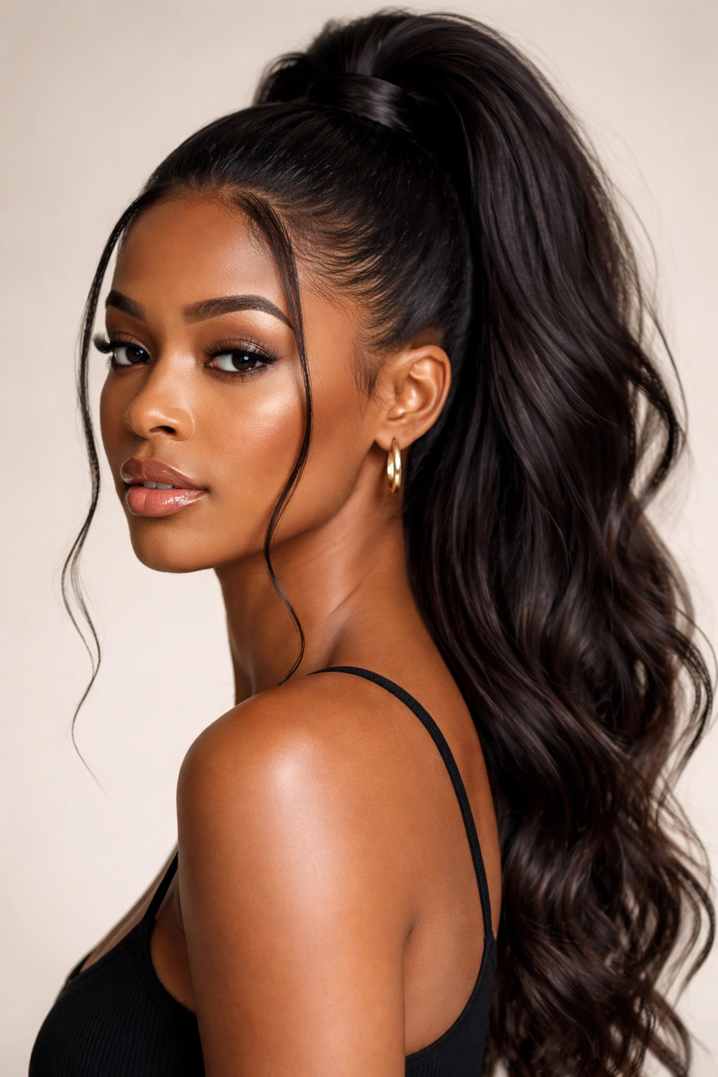 Close-up of a woman with a high ponytail and soft face-framing tendrils