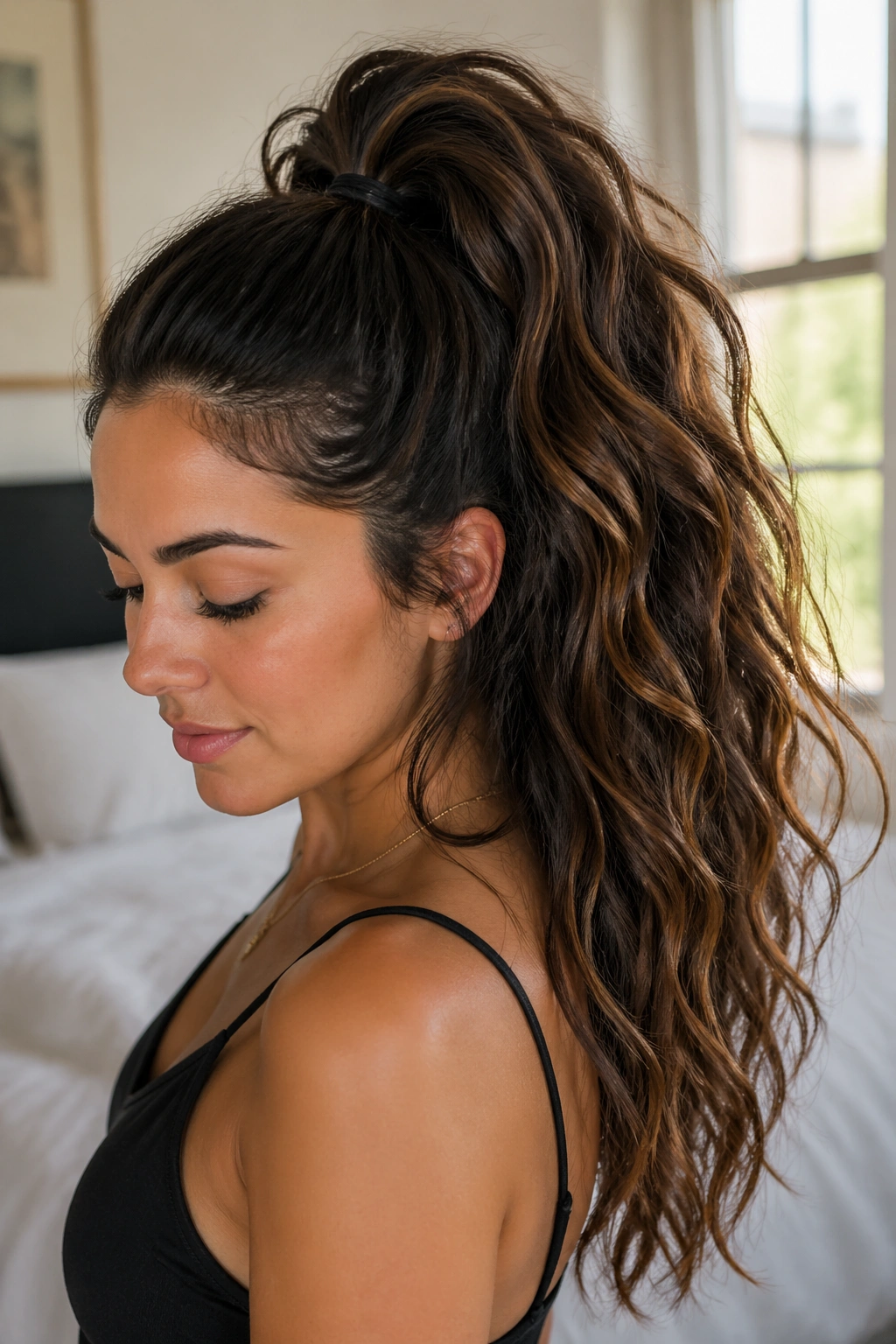 Close-up of a real woman wearing a high textured wavy pony at the crown.