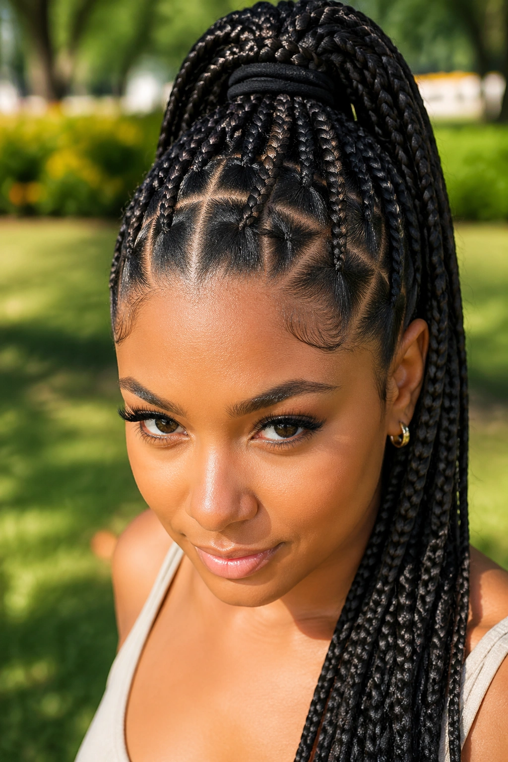 Close-up of a real woman with a high ponytail triangle-part box braids