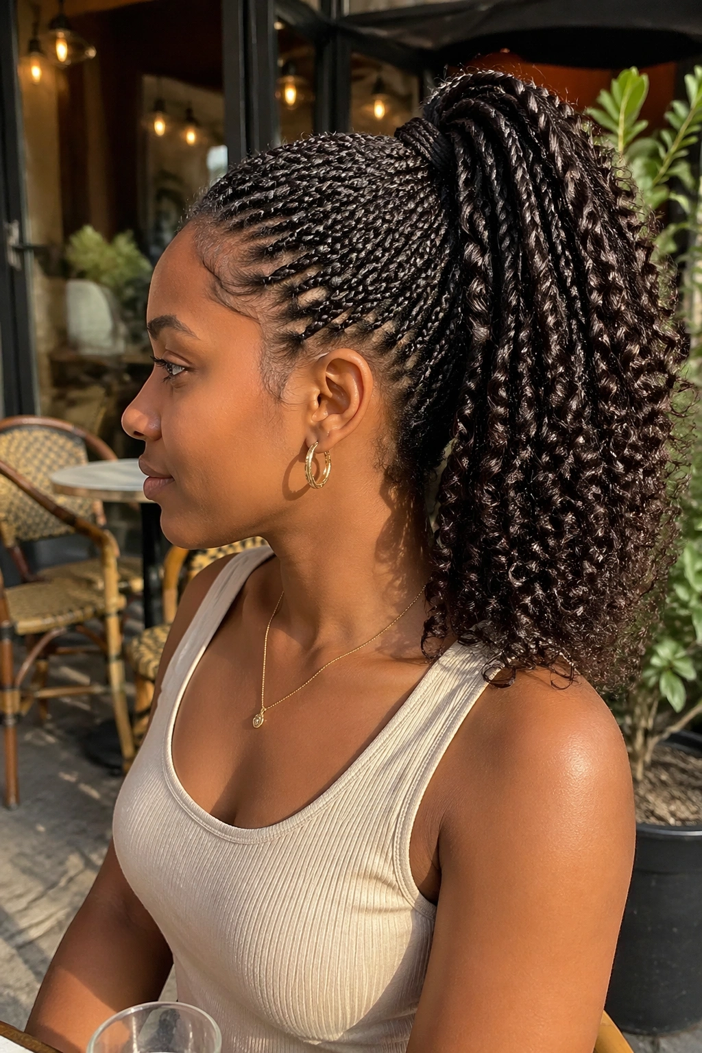 High ponytail with curled ends in side profile
