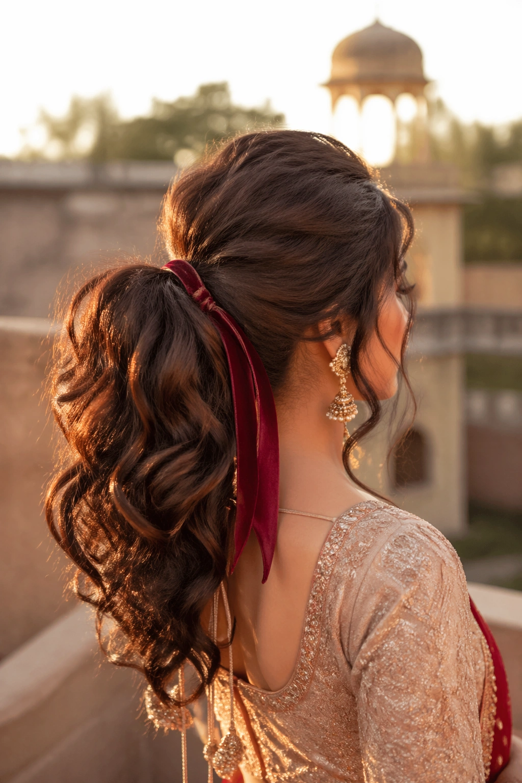 High textured ponytail with velvet ribbon at golden hour