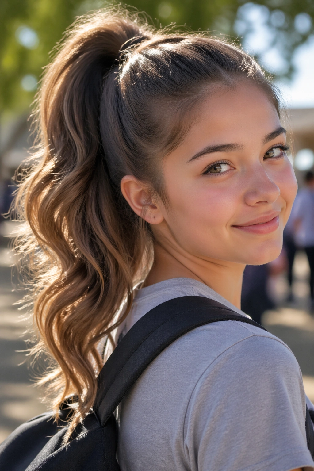 Portrait of a person with a wavy high ponytail outdoors in daylight