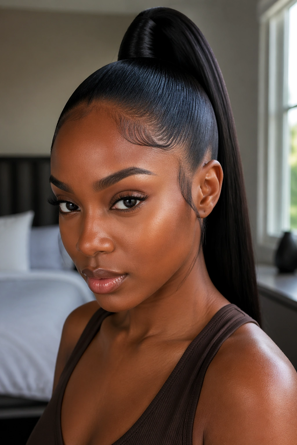 Close-up of a Black woman with a high sleek weave ponytail and smooth crown wrap