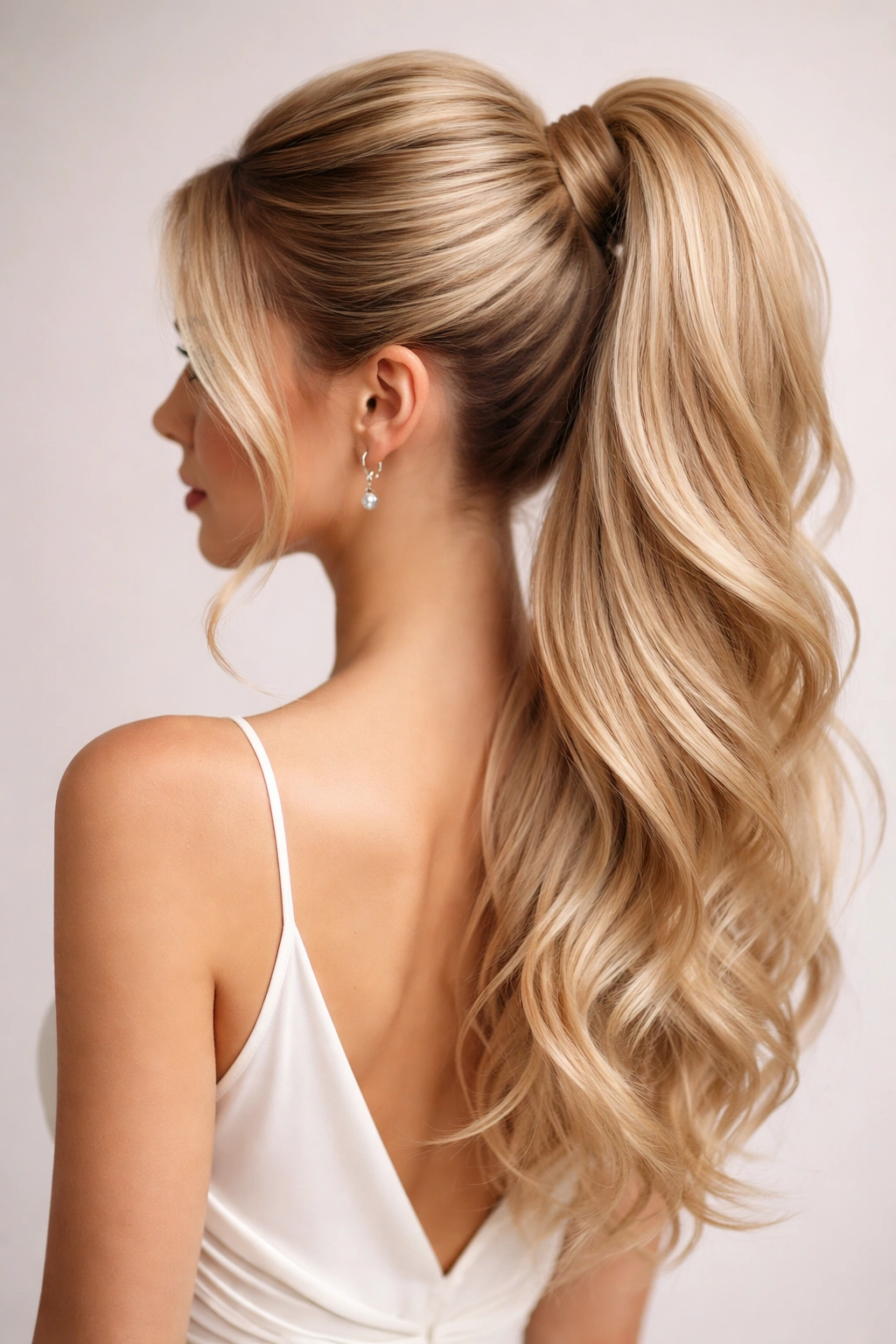 High-volume ponytail with wrapped elastic on straight hair