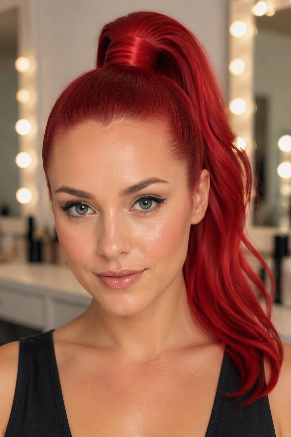 Close-up of a real woman with a high ponytail featuring a wrapped base and glossy red hair