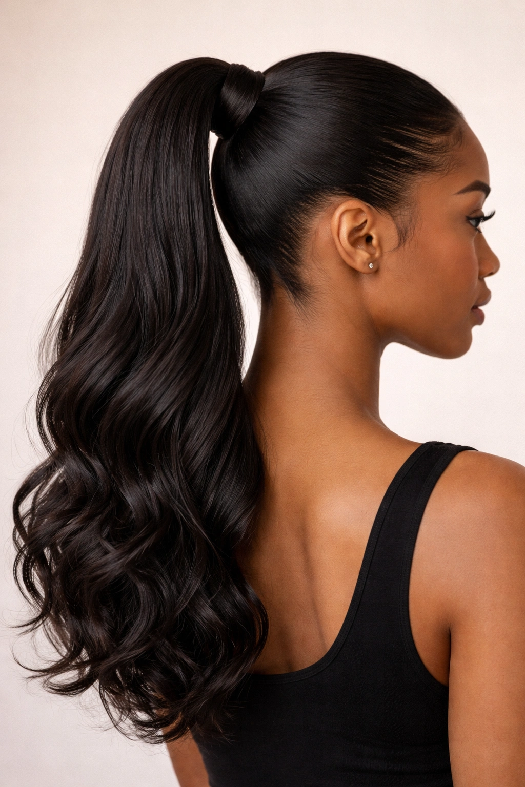 Close-up of a sleek high ponytail with a wrapped base and glossy hair in neutral studio lighting