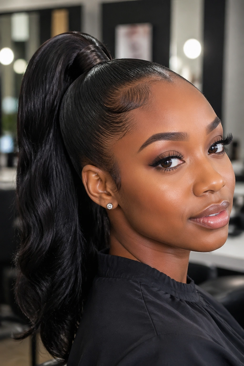 Close-up of a real woman with a high ponytail and wrapped base