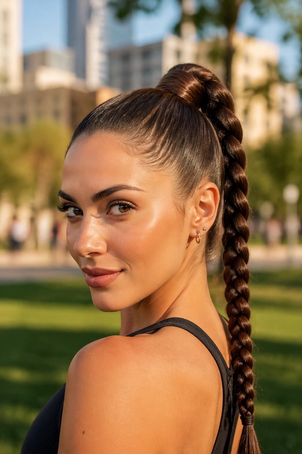Real person with high brown braided ponytail and wrapped base in sunny park lighting