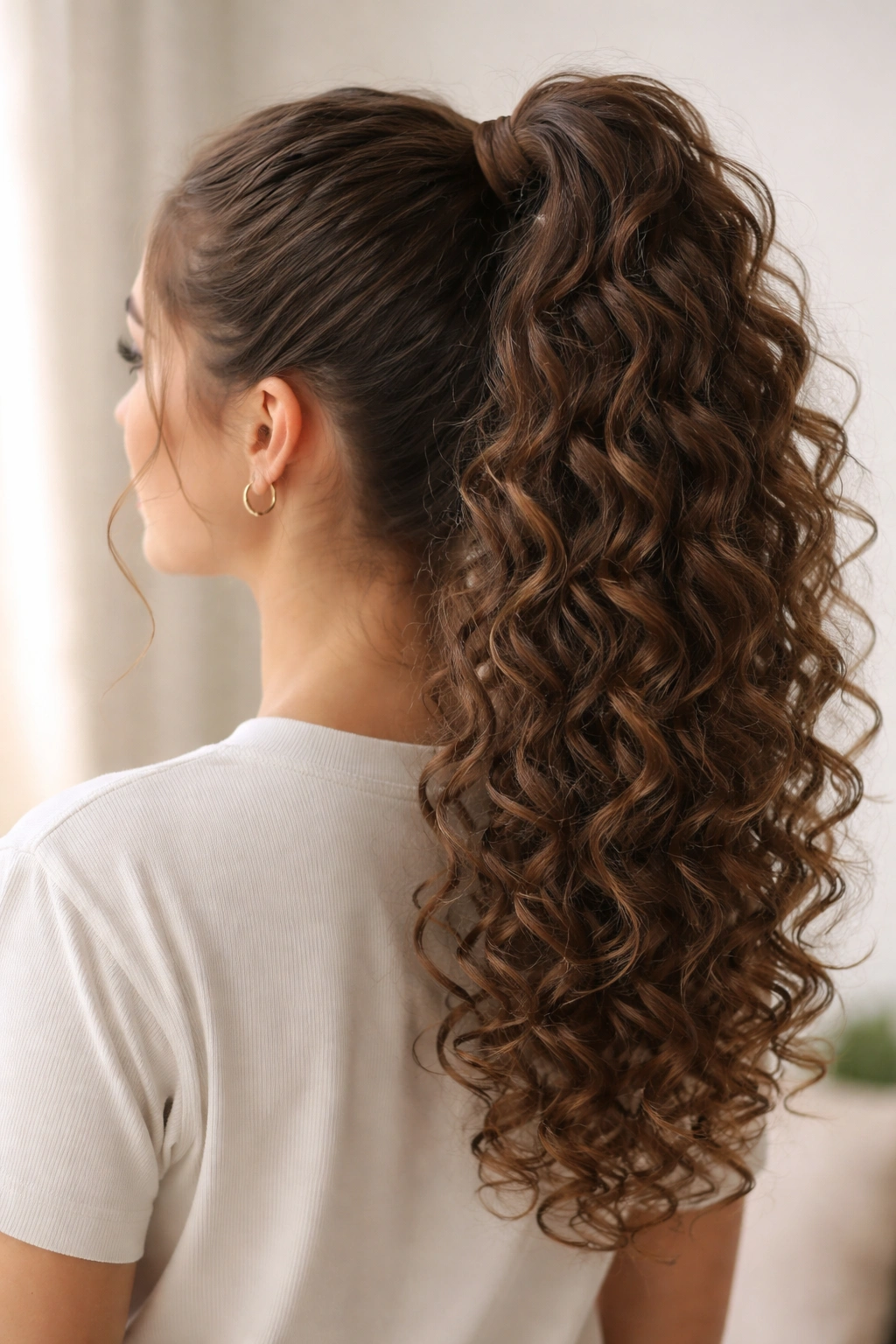 High ponytail with a wrapped curl at the base